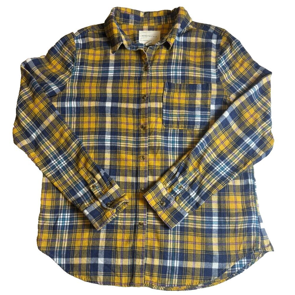 Aeropostale Flannel Shirt Boyfriend Fit Size Large Yellow Plaid Button Up Preppy